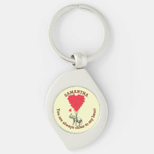 Romantic elephant and red heart personalised key ring