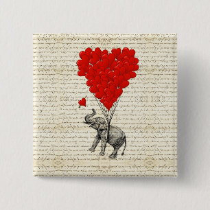 Romantic elephant & heart balloons 15 cm square badge