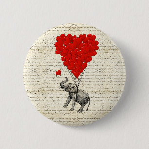 Romantic elephant & heart balloons 6 cm round badge
