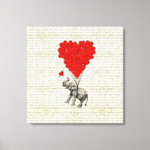 Romantic elephant & heart balloons canvas print