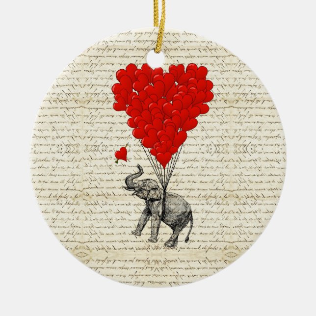 Romantic elephant & heart balloons ceramic tree decoration (Front)