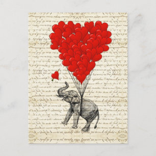 Romantic elephant & heart balloons postcard