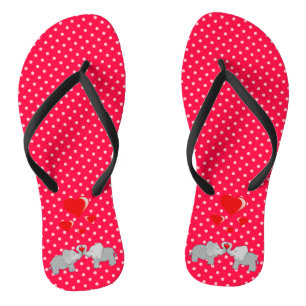 Romantic Elephants & Red Hearts On Polka Dots Flip Flops