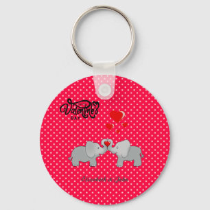 Romantic Elephants & Red Hearts On Polka Dots Key Ring