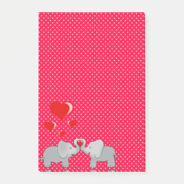 Romantic Elephants & Red Hearts On Polka Dots Post-it Notes (Front)