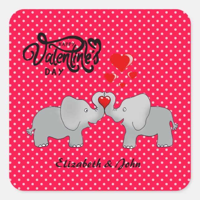 Romantic Elephants & Red Hearts On Polka Dots   Square Sticker (Front)