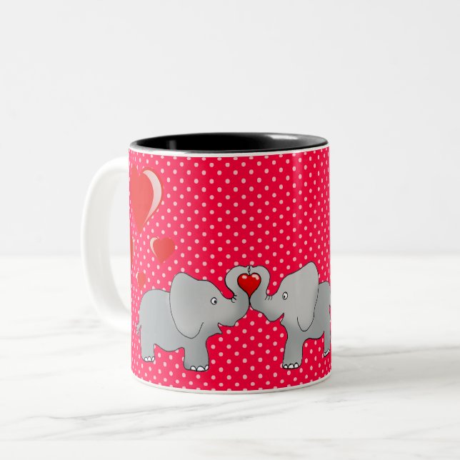 Romantic Elephants & Red Hearts On Polka Dots Two-Tone Coffee Mug (Front Left)
