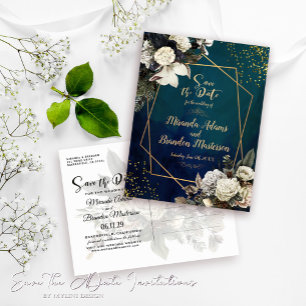 Romantic Emerald Green Gold Floral Save the Date Announcement Postcard