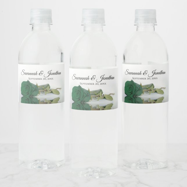Romantic Emerald Green Rose Elegant Wedding Water Bottle Label (Bottles)