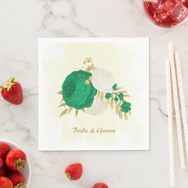 Romantic emerald green & white flowers gold napkin (Insitu)
