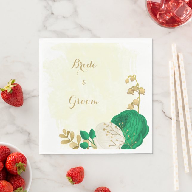 Romantic emerald green & white flowers gold  napkin (Insitu)