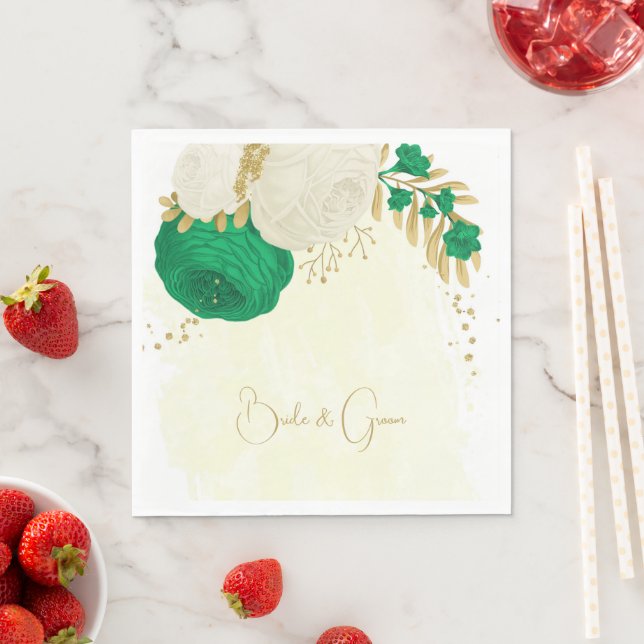Romantic emerald green & white flowers gold napkin (Insitu)