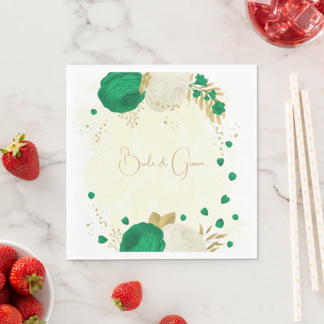 Romantic emerald green & white flowers gold napkin (Insitu)