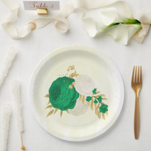Romantic emerald green & white flowers gold  paper plate