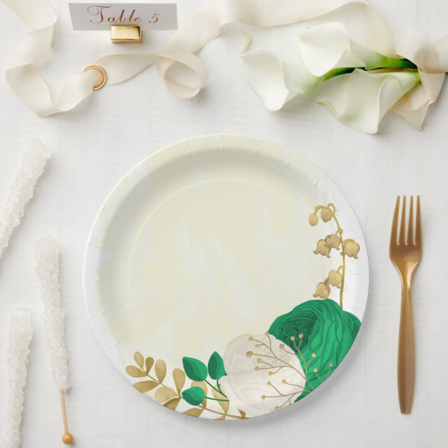 Romantic emerald green & white flowers gold paper plate (Wedding)
