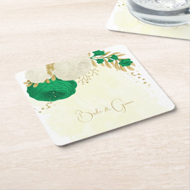 Romantic emerald green & white flowers gold square paper coaster (Angled)