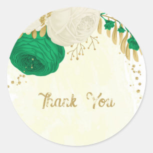 Romantic emerald green & white flowers wedding classic round sticker