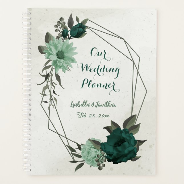 romantic emerald & soft green floral wedding planner (Front)