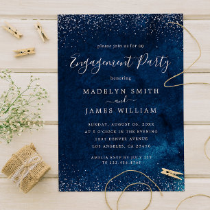 Romantic Engagement Party Navy Blue Silver  Invitation