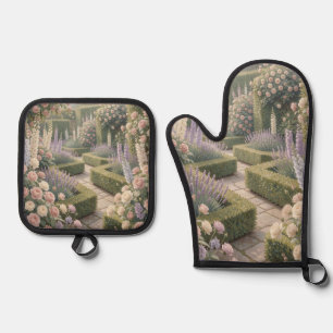 Romantic English Garden Pink Roses Lavender Stone Oven Mitt & Pot Holder Set