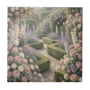 Romantic English Garden Pink Roses Lavender Stone Tile