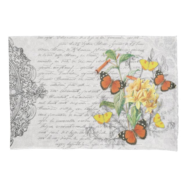 Romantic Ephemera Butterflies Floral French Script Pillowcase (Front)