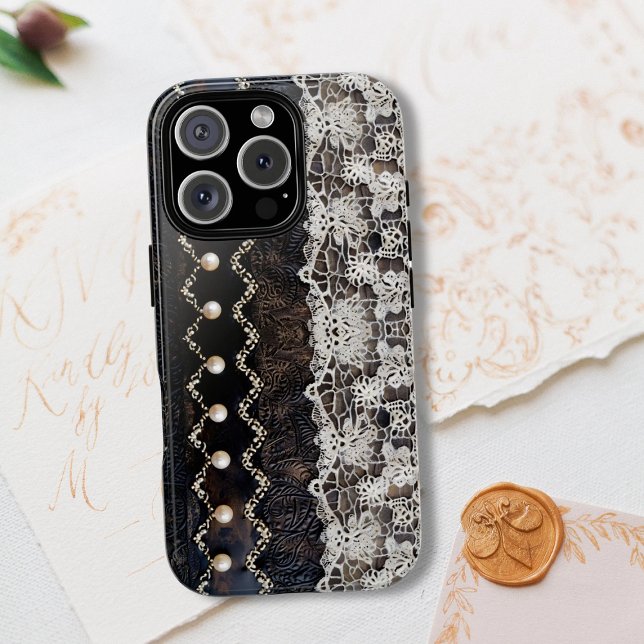 Romantic Espresso Leather Style & Cream Wrap Lace  Case-Mate iPhone Case (Creator Uploaded)