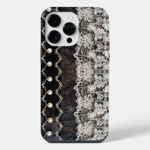 Romantic Espresso Leather Style & Cream Wrap Lace iPhone 14 Pro Max Case