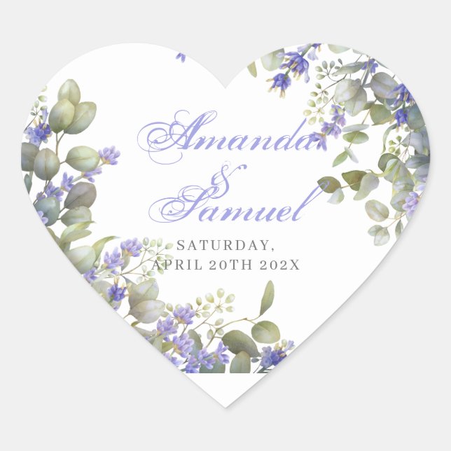 Romantic Eucalyptus & Lavender Wedding Heart Sticker (Front)