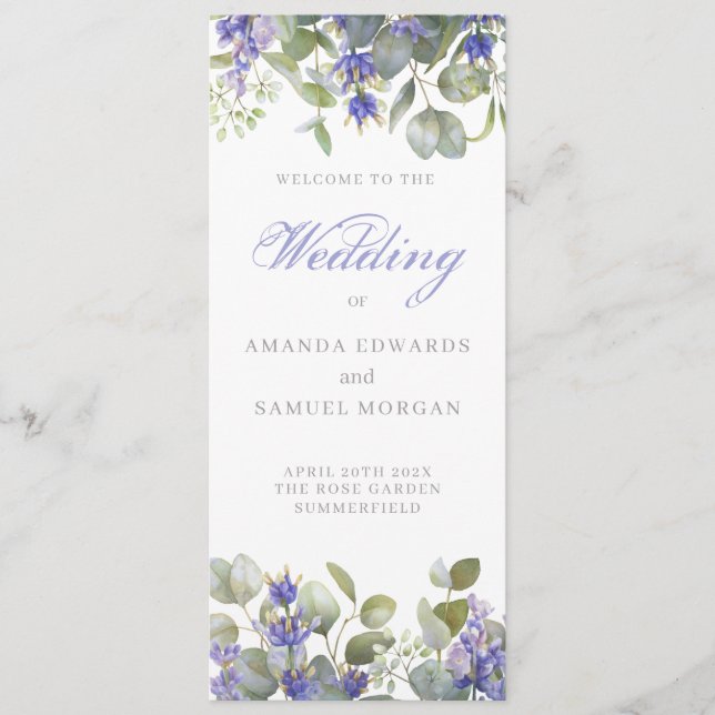 Romantic Eucalyptus & Lavender Wedding Programme (Front)
