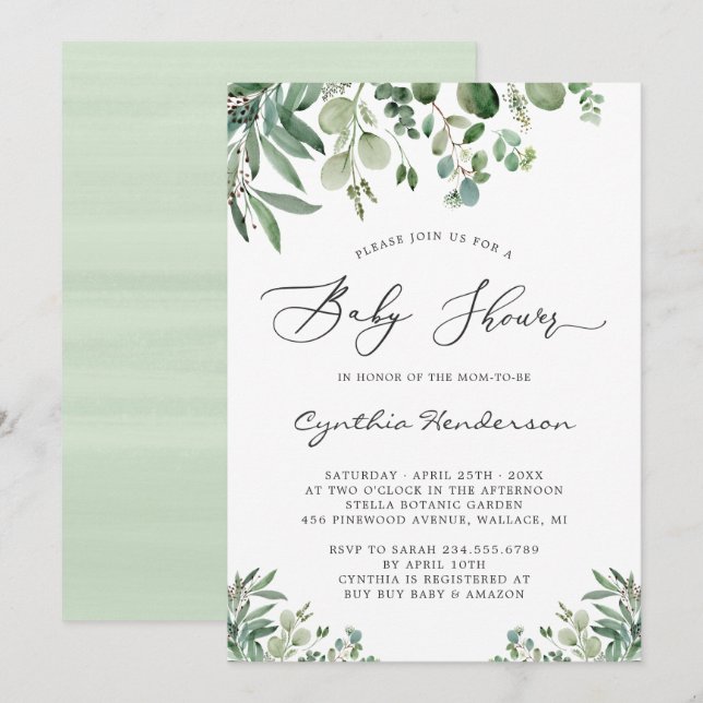Romantic Eucalyptus Leaves Baby Shower Invitation (Front/Back)