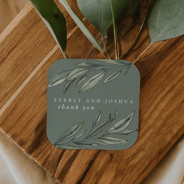 Romantic Evergreen Thank You Favour Square Sticker (Romantic Evergreen Thank You Favor Square Sticker)