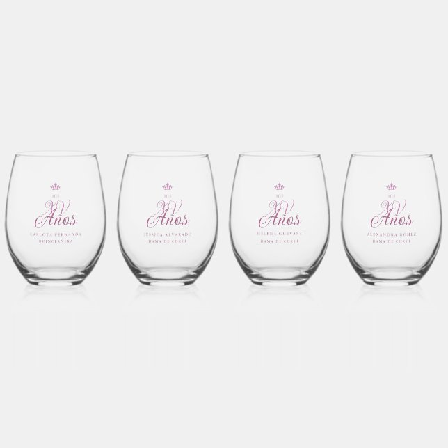 Romantic Exquisite Mis XV Spanish Script Crown Stemless Wine Glass (Front)