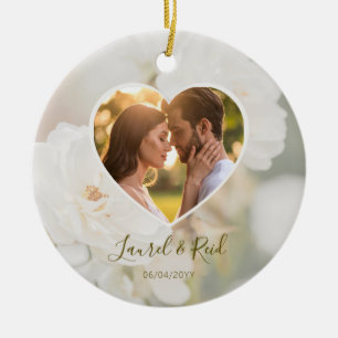 Romantic Faded White Roses Heart Photo Wedding Ceramic Tree Decoration