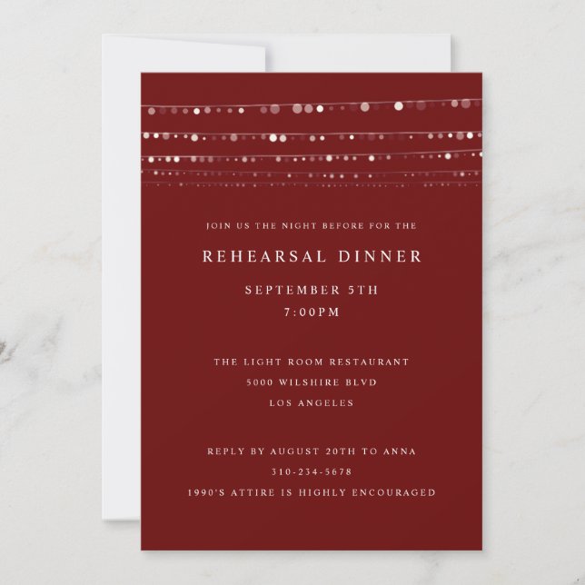 Romantic Fairy Lights Maroon Rehearsal Dinner Invitation (Front)
