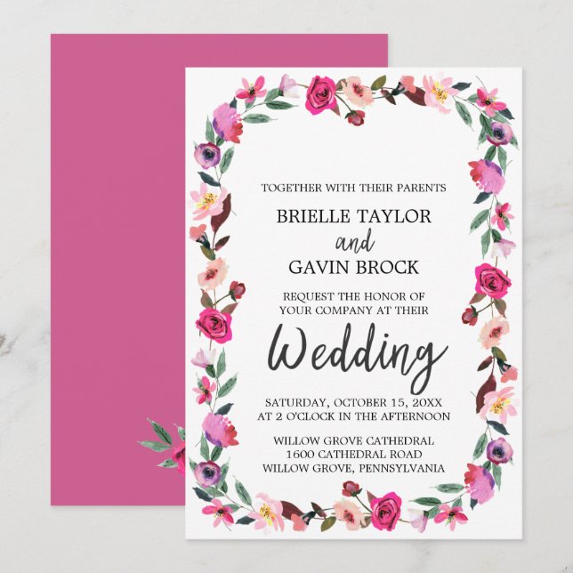 Romantic Fairytale Blossom Wreath Wedding Invitation (Front/Back)