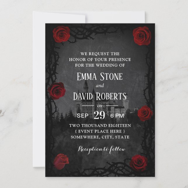 Romantic Fairytale Castle Rose Thorn Dark Wedding Invitation (Front)