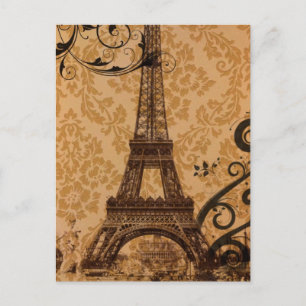 Romantic Fall Autumn damask Paris Eiffel Tower Postcard