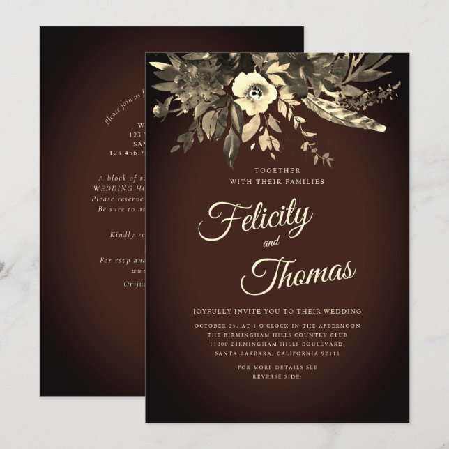 Romantic Fall Floral Aged Brown QR Code Wedding Invitation (Front/Back)