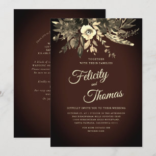 Romantic Fall Floral Aged Brown QR Code Wedding Invitation
