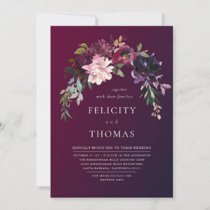 Romantic Fall Floral Burgundy Wash QR Code Wedding Invitation