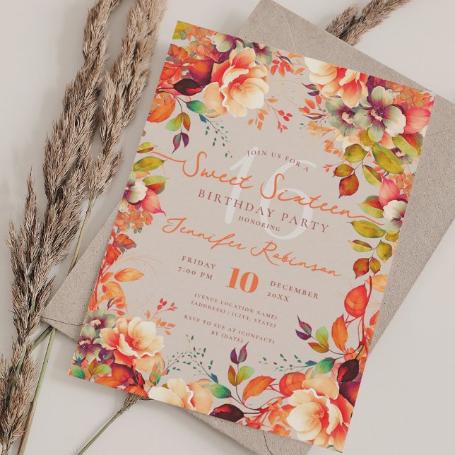 Romantic Fall Garden Floral Sweet 16 Champagne  Invitation (Romantic Fall Garden Floral Sweet 16 Champagne Invitation)