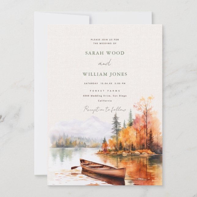 Romantic fall lake and boat Wedding Invitation (Front)