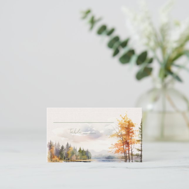 Romantic fall lake Wedding Place Card (Standing Front)