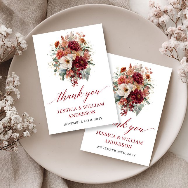 Romantic Fall Marsala Floral Wedding Thank You  Card (Romantic Fall Marsala Floral Wedding Thank You Card

)
