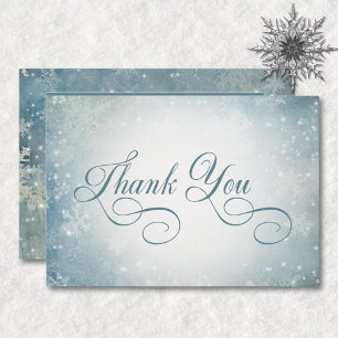 Romantic Falling Snow Blue White Sparkle Reception Thank You Card