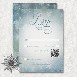 Romantic Falling Snow Blue & White Wedding QR Code RSVP Card