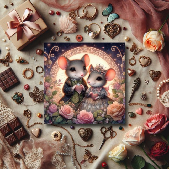 Romantic Fantasy Mice Whimsical Valentine  Holiday Card (Creator Uploaded)