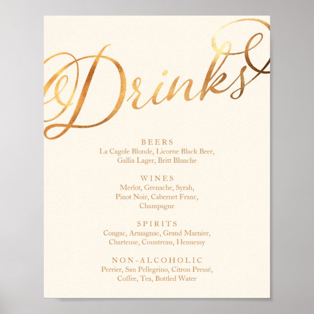 Romantic Faux Gold Calligraphy Wedding Drinks Menu Poster (Front)