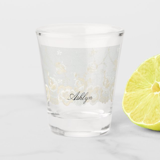 Romantic Faux Lace Floral Bridal Shower  Shot Glass (Front)